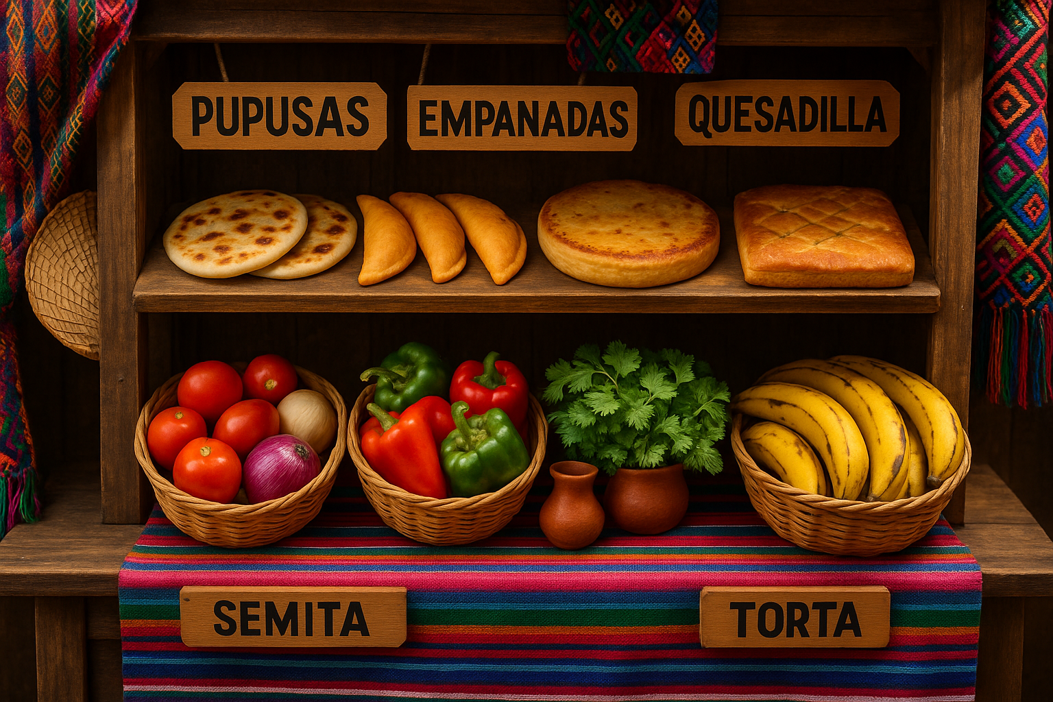 generate a traditional food stand with salvadorean pastries and some vegetables 